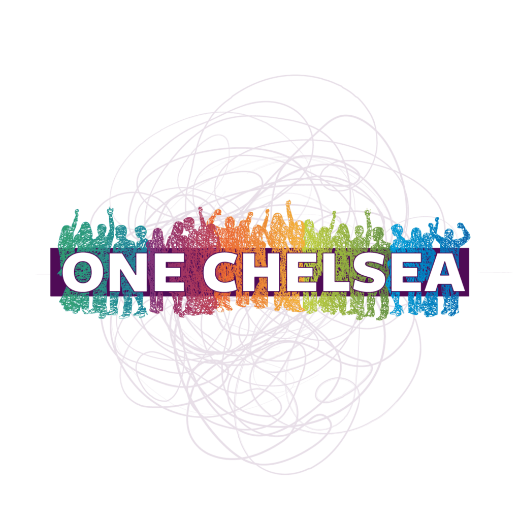A graphic of rainbow silhouettes across a horizontal purple bar with "one chelsea" text above it
