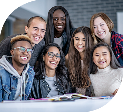 A happy group of smiling students learning about student banking through Chelsea University