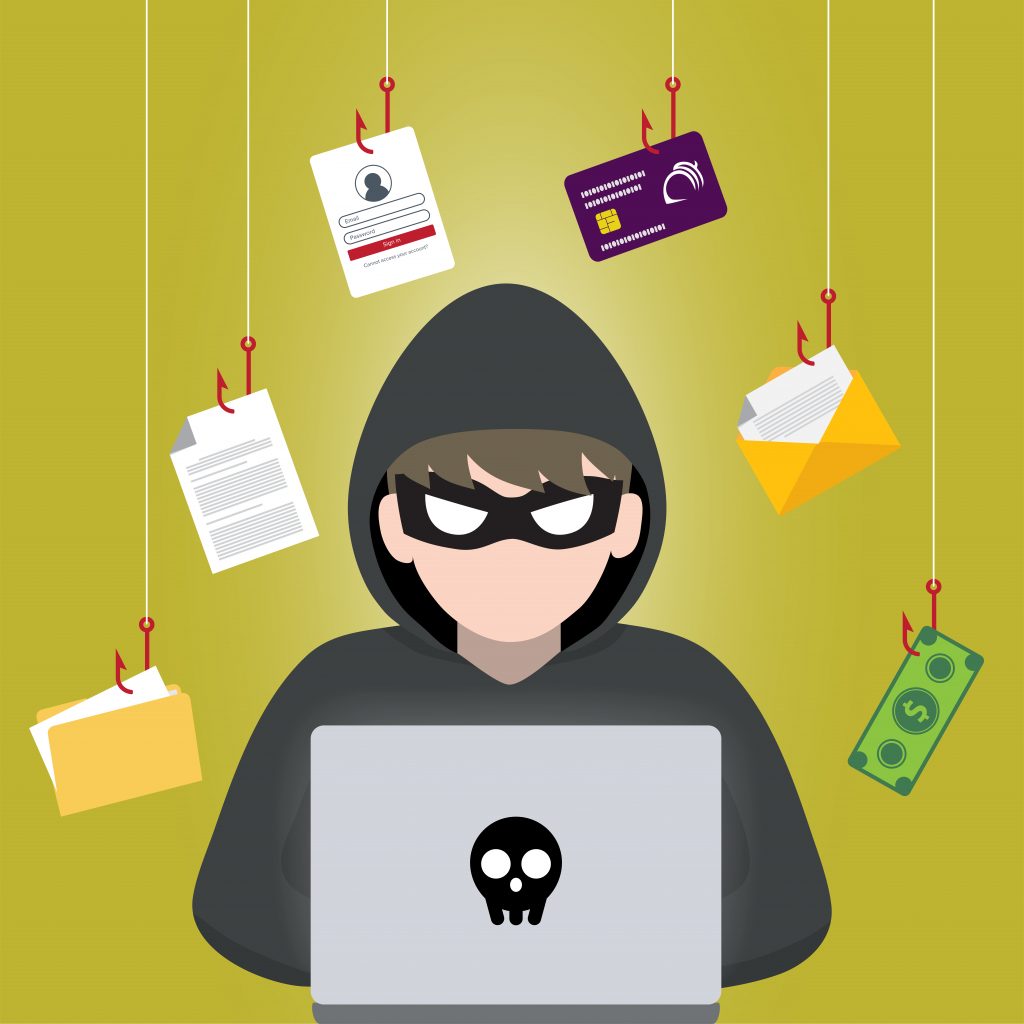 illustration of hacker engaging in a text message scam, phishing, and stealing an identity