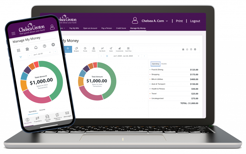 computer and laptop showing Manage my Money - a smart money management and budget tool! 